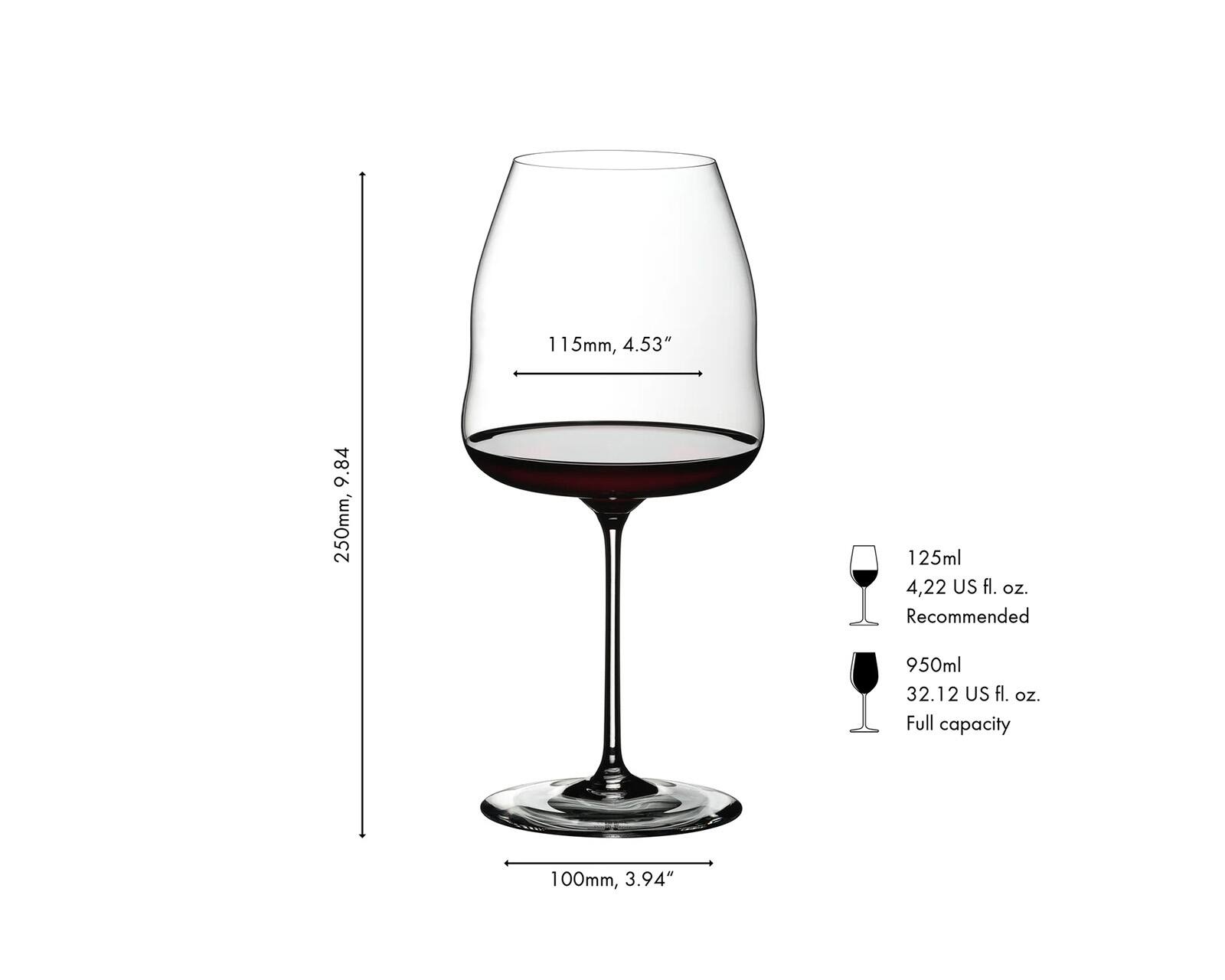 115mm, 4.53"  
9.84 250mm,  
125ml 4.22 us fl. oz. Recommended  
950ml 32.12 us fl. oz. Full capacity  
100mm, 3.94"