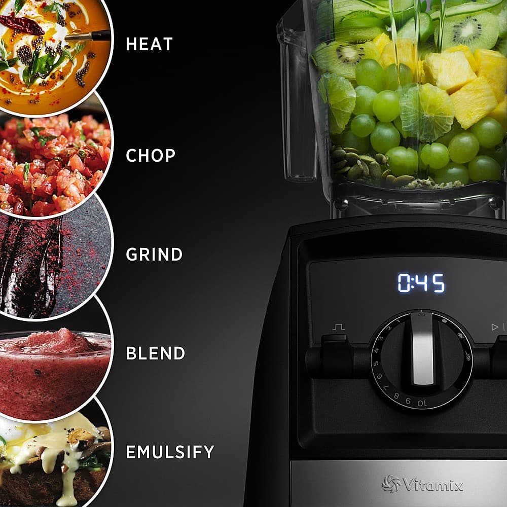 The image showcases a Vitamix blender with various food items inside, including a bowl of fruit. The blender is set to the "blend" setting, which is indicated by the number "4" on the display. The image also features a close-up of the blender with the display showing the blend setting. The blender is filled with different types of food, such as fruits and vegetables, which are being blended together.