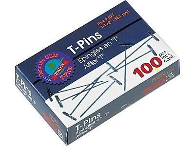 Sure, here is the corrected and grouped text from the image:

---

**Item # 87T**  
1-1/2" (38.1 mm)

**T-Pins**  
Epingles en "T"  
Alfiler "T"

**Genuine GEM**  
QUALITY

**100 pcs. max. cant.**

**T-Pins**  
Epingles en "T"  
Alfiler "T"

**100**

---