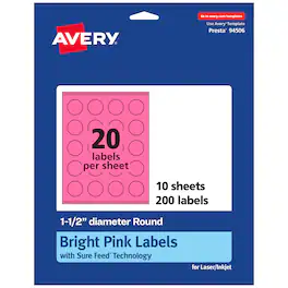 Avery - Printable Round Labels, Bright 1.5" Diameter, 200ct - Pink