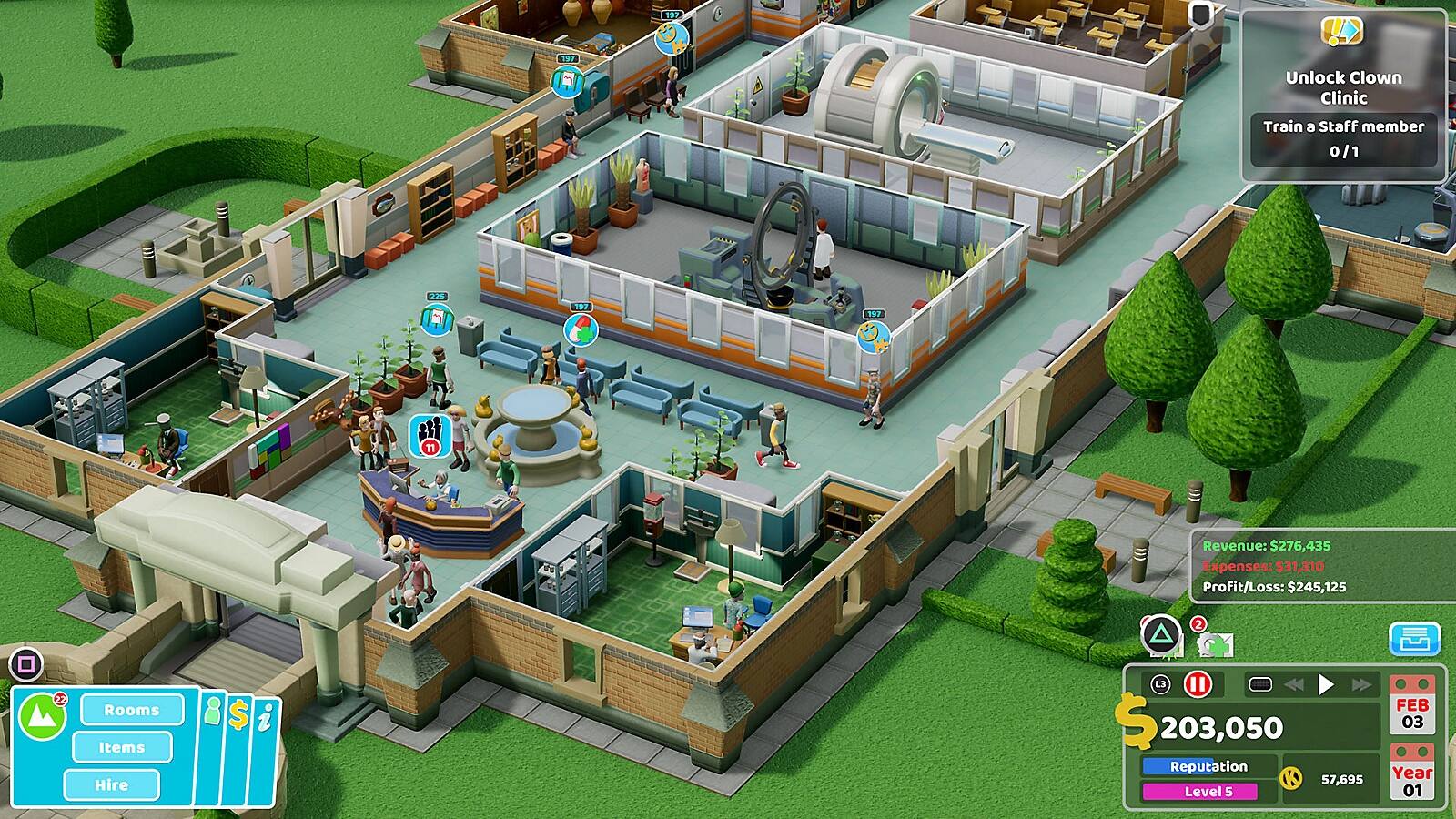 197 Unlock Clown Clinic  
Train a Staff member 0/1  
225 F  
197 197  
Revenue: $276,435  
Expenses: $31,310  
Profit/Loss: $245,125  
2 22 Rooms  
Items  
Hire  
$ 203,050  
Reputation 57,695  
Level 5  
FEB 03  
Year 01
