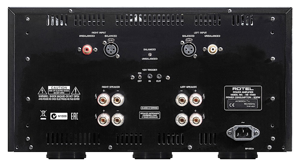 The text on the image reads:
"RIGHT INPUT BALANCED UNBALANCED
LEFT INPUT BALANCED UNBALANCED
8A QUA BALANCED UNBALANCED
12V TRIGGER ON OFF IN OUT
CAUTION: DO NOT OPEN
SHOCK HAZARD-DO NOT OPEN
AVIS-RISQUE DE CHOC ELECTRIQUE-NE PAS OUYRIR
N1509 EAC
RIGHT SPEAKER + - + -
CLASS 2 WISING SPEAKIR IMPEDANCE COMBINED LOAD 4 CHMS MINIMUM
LEFT SPEAKER I + 4 4
ROTEL POWER AMPLIFIER MODEL NO. : RB-1590
POWER CONSUMPTION: BOOW ACROOV 50/GOHz CE TO7 RP-553A"