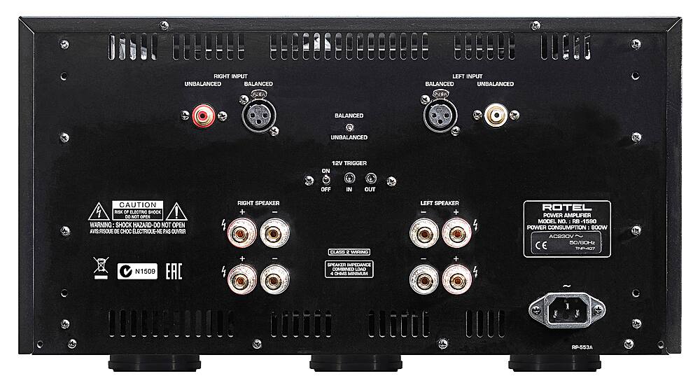 The text on the image reads:

"RIGHT INPUT BALANCED UNBALANCED
LEFT INPUT BALANCED UNBALANCED
8A QUA BALANCED UNBALANCED
12V TRIGGER ON OFF IN OUT
CAUTION: DO NOT OPEN
SHOCK HAZARD-DO NOT OPEN
AVIS-RISQUE DE CHOC ELECTRIQUE-NE PAS OUYRIR
N1509 EAC
RIGHT SPEAKER + - + -
CLASS 2 WISING SPEAKIR IMPEDANCE COMBINED LOAD 4 CHMS MINIMUM
LEFT SPEAKER I + 4 4
ROTEL POWER AMPLIFIER MODEL NO. : RB-1590
POWER CONSUMPTION: BOOW ACROOV 50/GOHz CE TO7 RP-553A"
