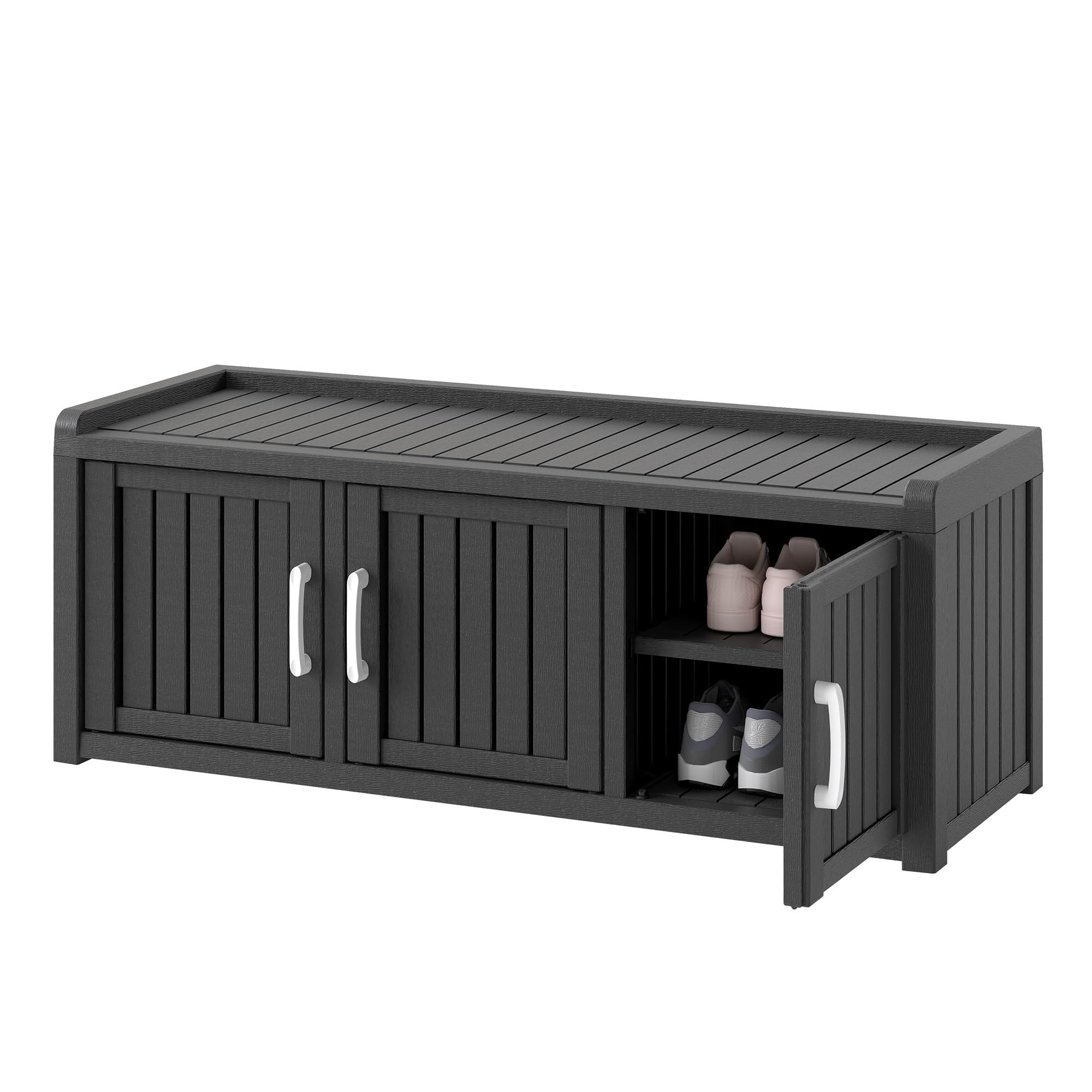 Yardgrace - Outdoor Shoe Storage Cabinet, Waterproof UV-Resistant Entryway Storage Bench Indoor Outdoor with 3 Barn Doors - Black