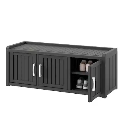 Front. Yardgrace - Outdoor Shoe Storage Cabinet, Waterproof UV-Resistant Entryway Storage Bench Indoor Outdoor - Black with 3 Barn Doors.
