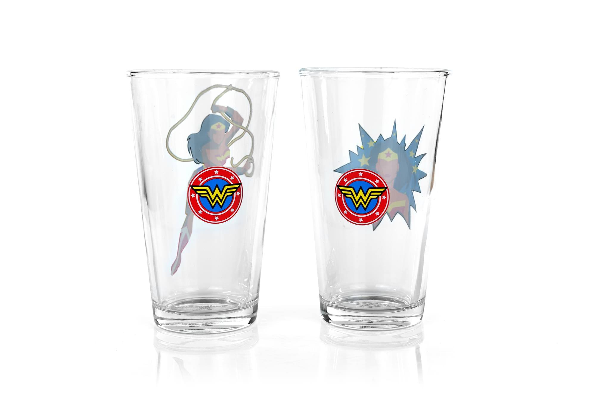 Front. DC Universe - DC Wonder Woman Pint Glass Set | Two Action Packed 16-Ounce Cups | Set Of 2 - Red.