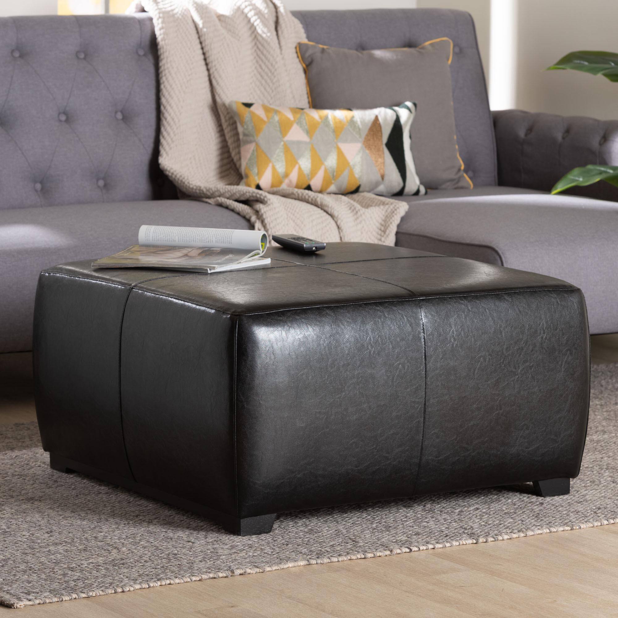Alt View 2. Baxton Studio - Full Leather Square Ottoman Footstool - Black.