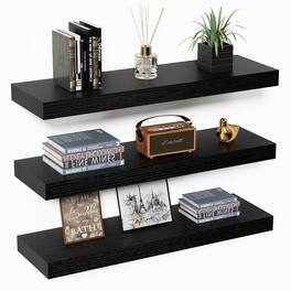BOMEDA - Wooden Floating Shelves for Wall, Bathroom or Room Wall Storage, Hanging Shelf Organizer, 24x7x1.5 in, 3 Pack - Black