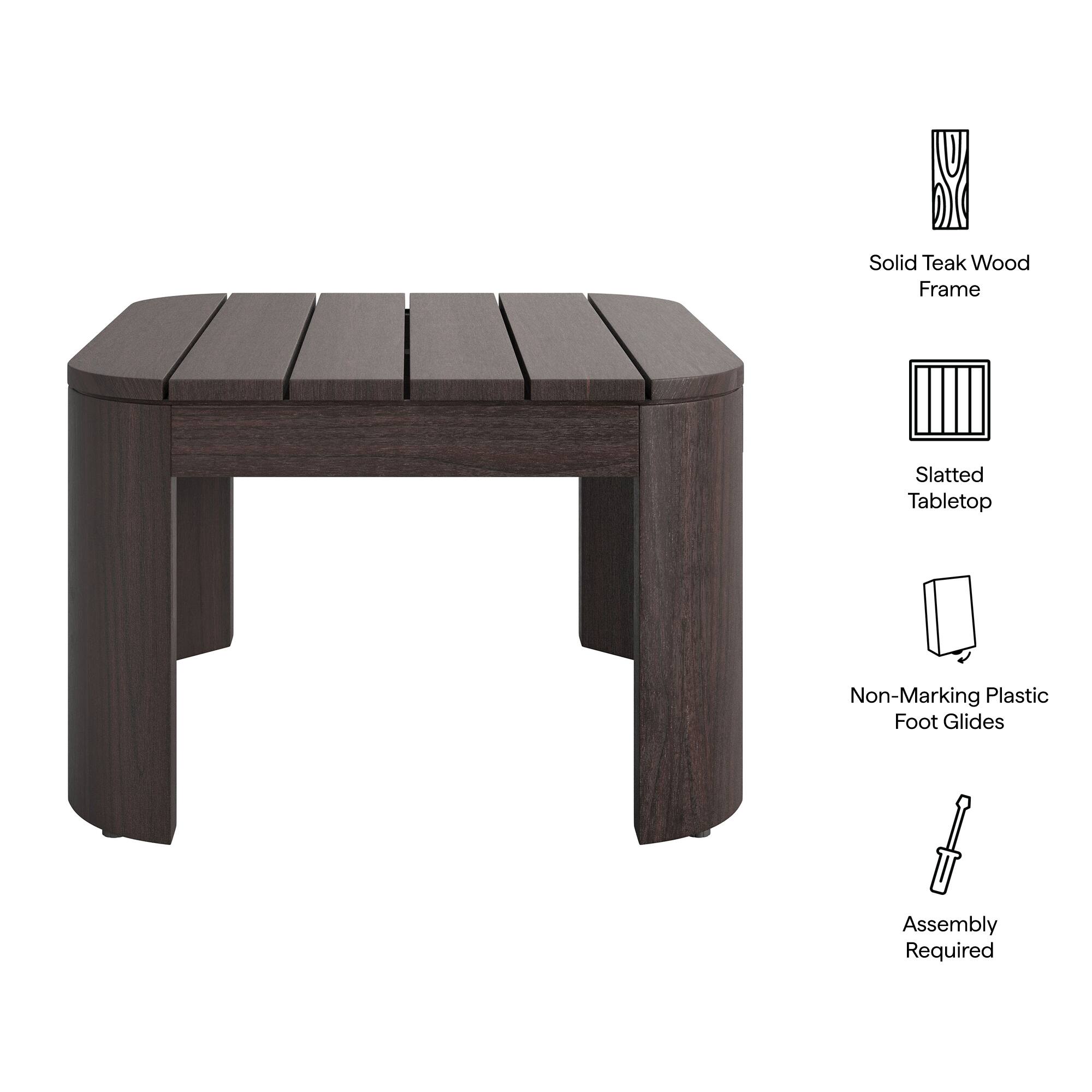 Solid Teak Wood Frame  
Slatted Tabletop  
Non-Marking Plastic Foot Glides  
Assembly Required