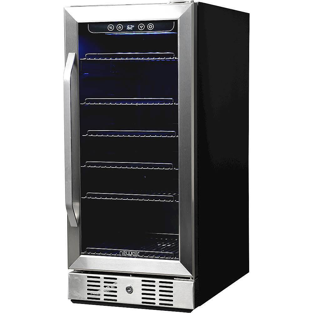 Left. NewAir - 96-Can Built-In Beverage Cooler with Precision Temperature Controls and Adjustable Shelves - Stainless Steel.