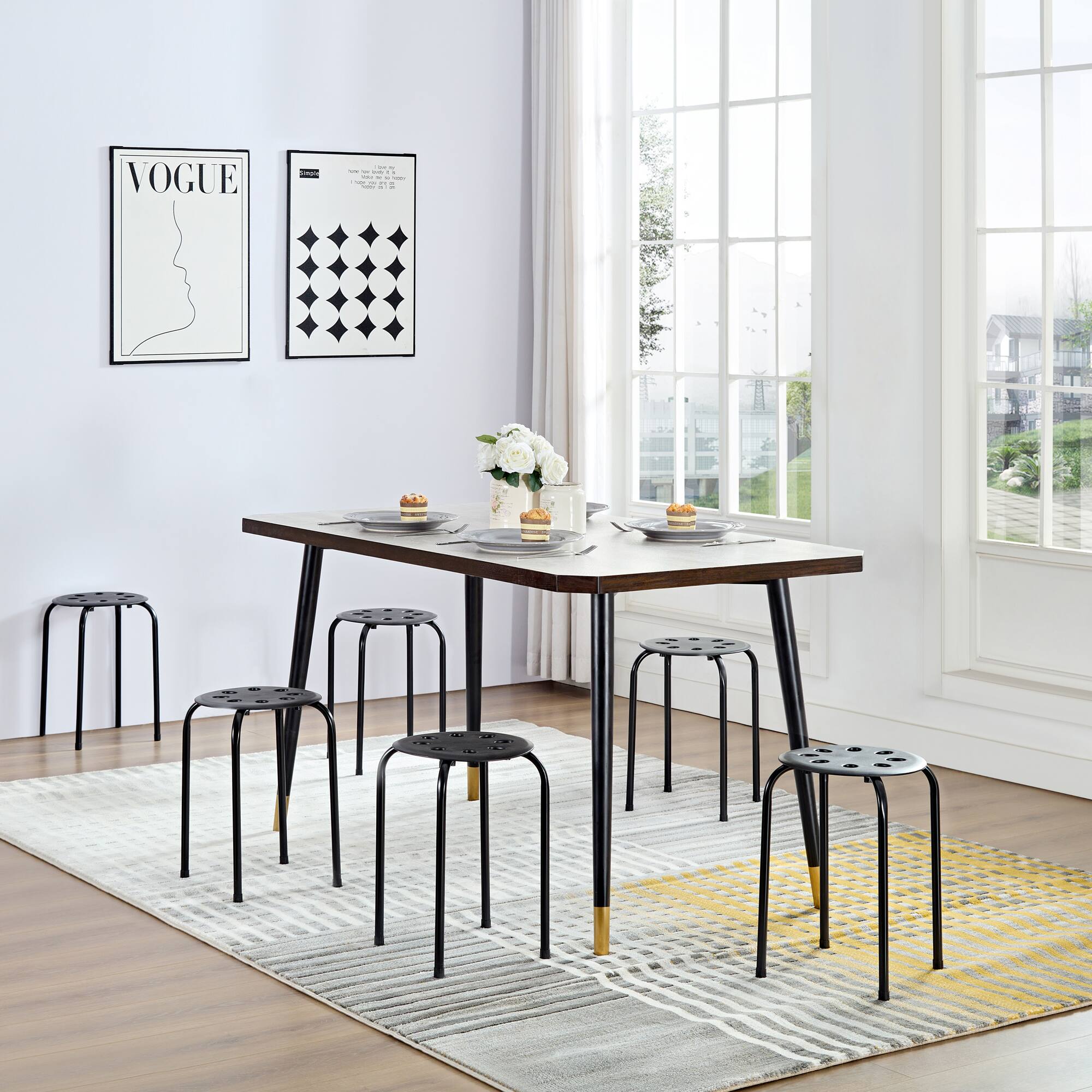 Back. Vecelo - 6Pcs Commercial Stackable Stools - 265 lb Weight Capacity, Multi-Color Lightweight Stools for Classroom/Office - Black.