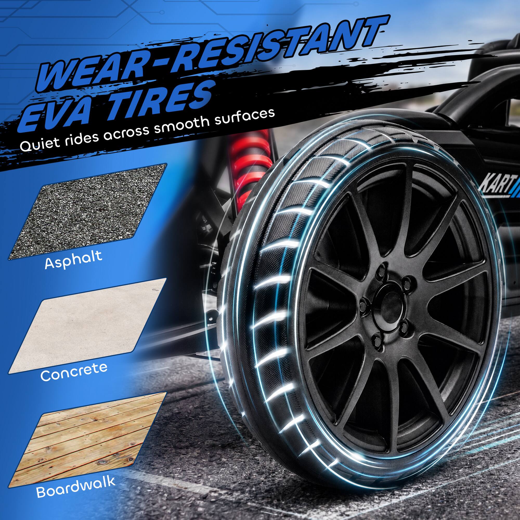 WEAR-RESISTANT EVA TIRES

Quiet rides across smooth surfaces

Asphalt
Concrete
Boardwalk