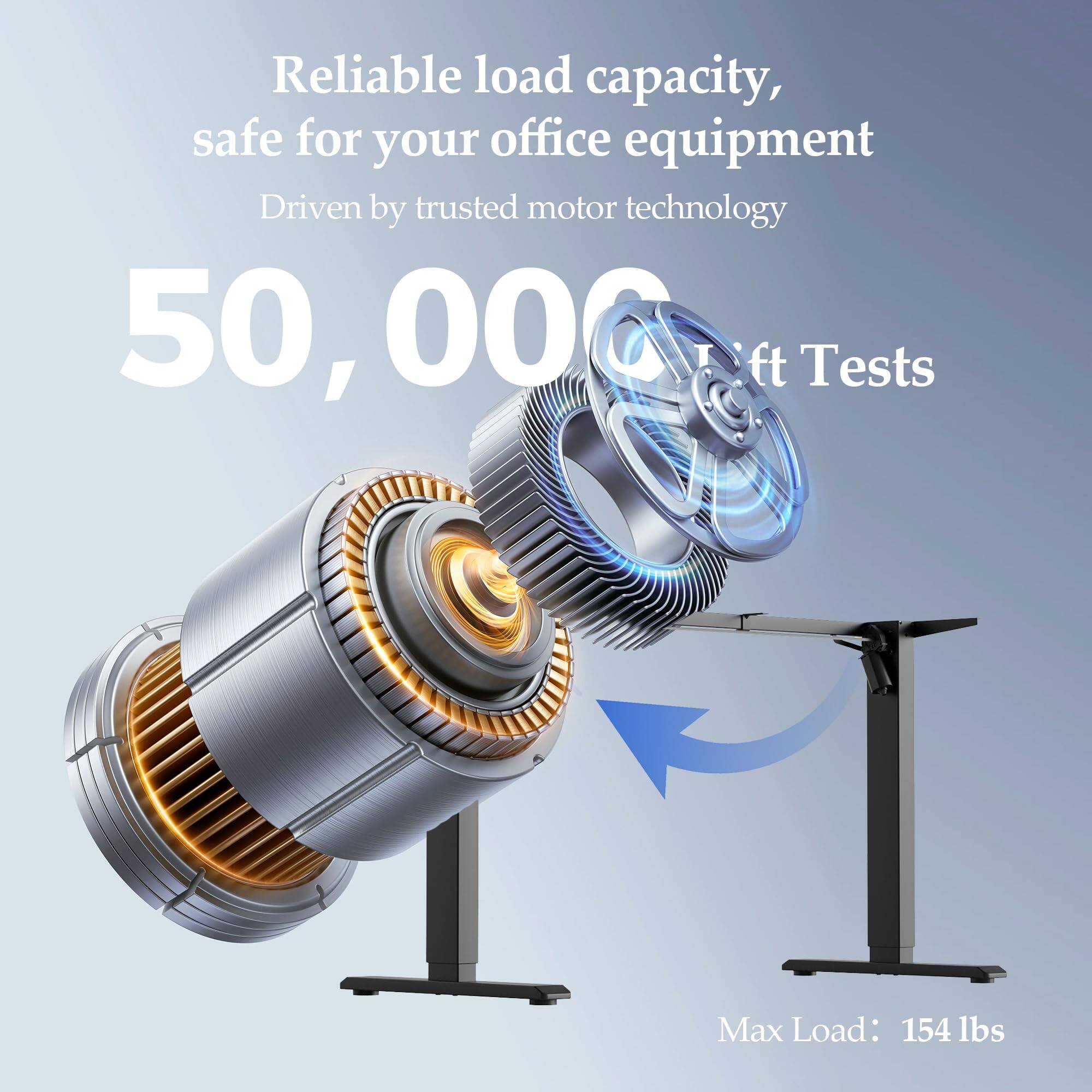 Reliable load capacity, safe for your office equipment  
Driven by trusted motor technology  
50,000 ft Tests  
Max Load: 154 lbs