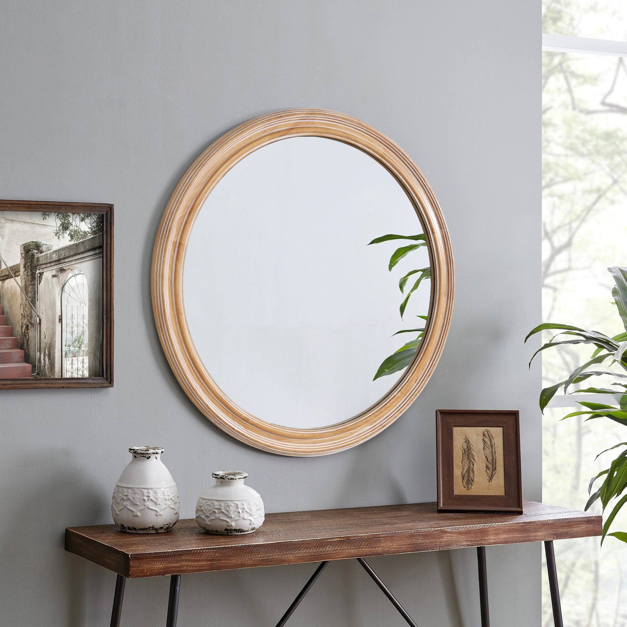 Alt View 1. BreeBe - 23.62" Round Wood Framed Wall Mirror with Ribbed Detail, Natural Wooden Circle, Coastal Farmhouse Decor for Home - Natural Wood.