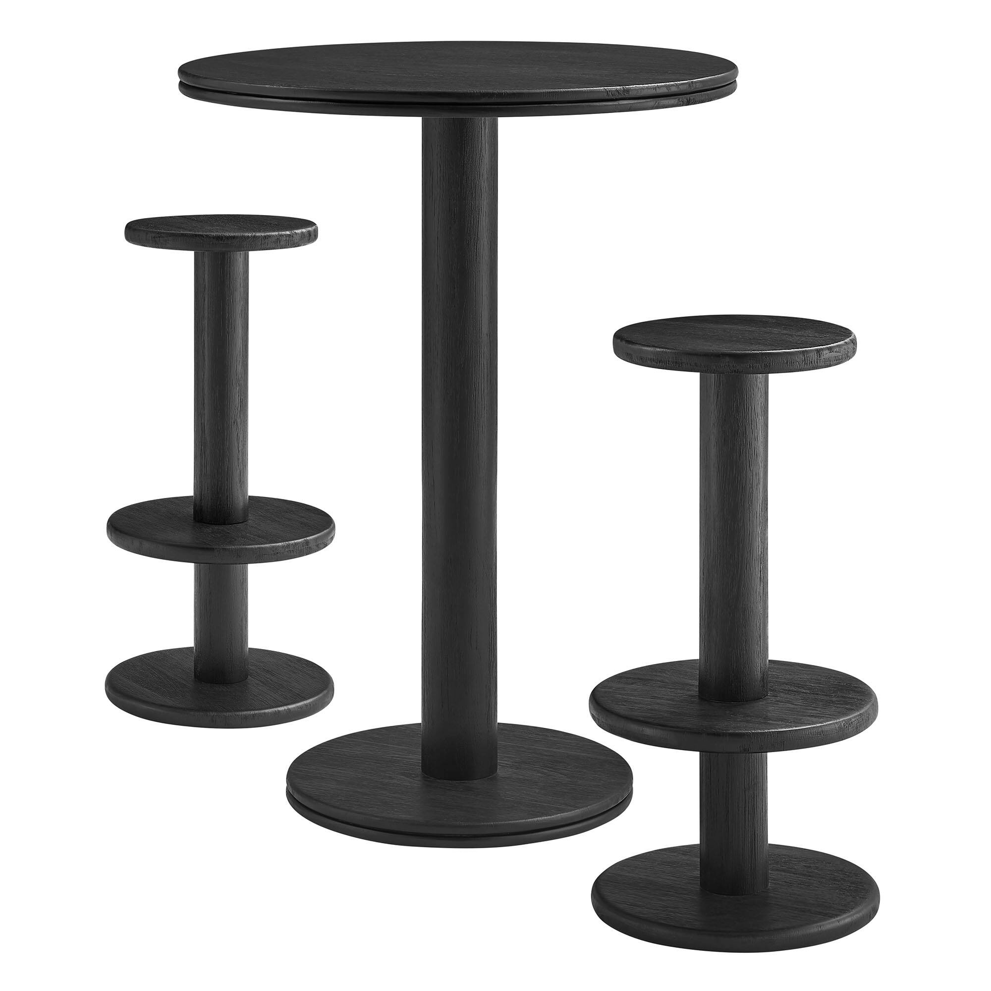 Angle. Modway - Neo 3-Piece Round Indoor - Outdoor Patio Wood Bar Table And Stool Set by Modway - Black.