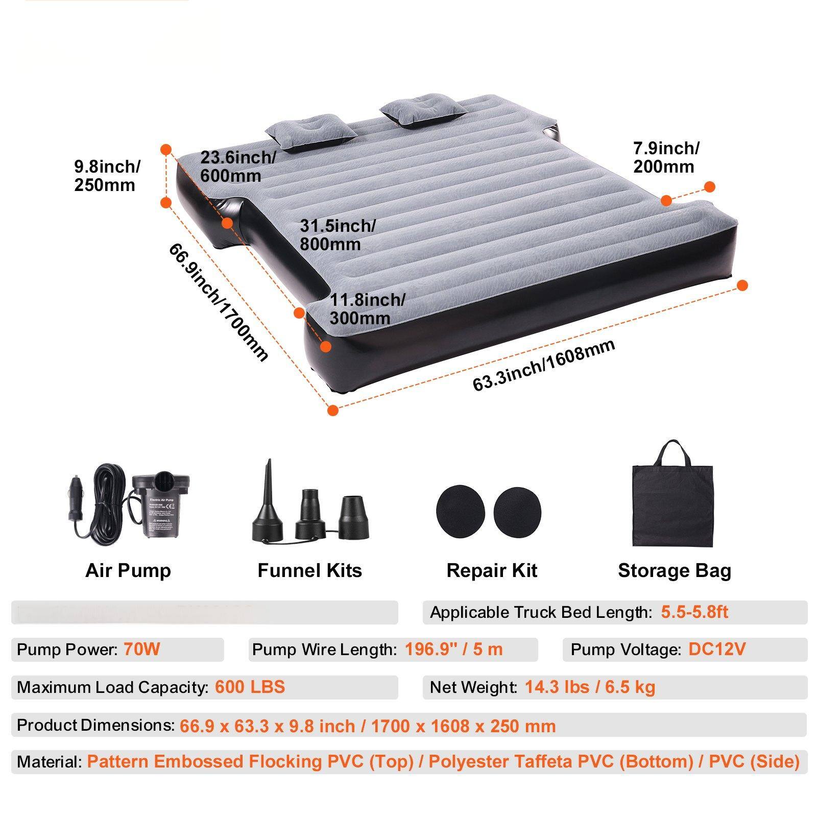 - **Dimensions:**
  - 7.9 inch / 200 mm
  - 9.8 inch / 250 mm
  - 23.6 inch / 600 mm
  - 31.5 inch / 800 mm
  - 63.3 inch / 1608 mm
  - 66.9 inch / 1700 mm
  - 11.8 inch / 300 mm

- **Product Details:**
  - Applicable Truck Bed Length: 5.5-5.8 ft
  - Pump Power: 70W
  - Pump Wire Length: 196.9" / 5 m
  - Pump Voltage: DC12V
  - Maximum Load Capacity: 600 LBS
  - Net Weight: 14.3 lbs / 6.5 kg
  - Product Dimensions: 66.9 x 63.3 x 9.8 inch / 1700 x 1608 x 250 mm

- **Material:**
  - Pattern Embossed Flocking