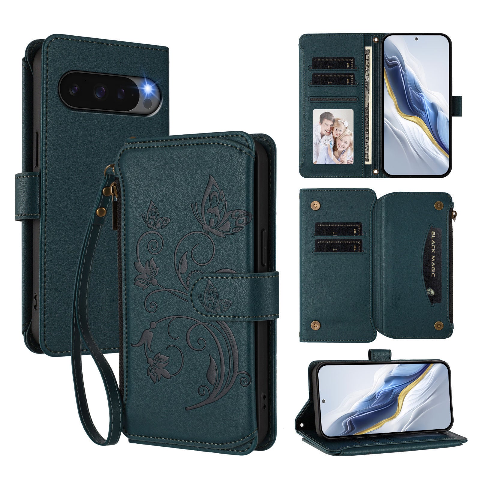 Dteck - Crossbody Wallet Case for Google Pixel 10 Pro XL,Embossed Butterfly Flower Folio Cover with Zipper Pocket+Strap - Darkblue price history on PriceWatchPro
