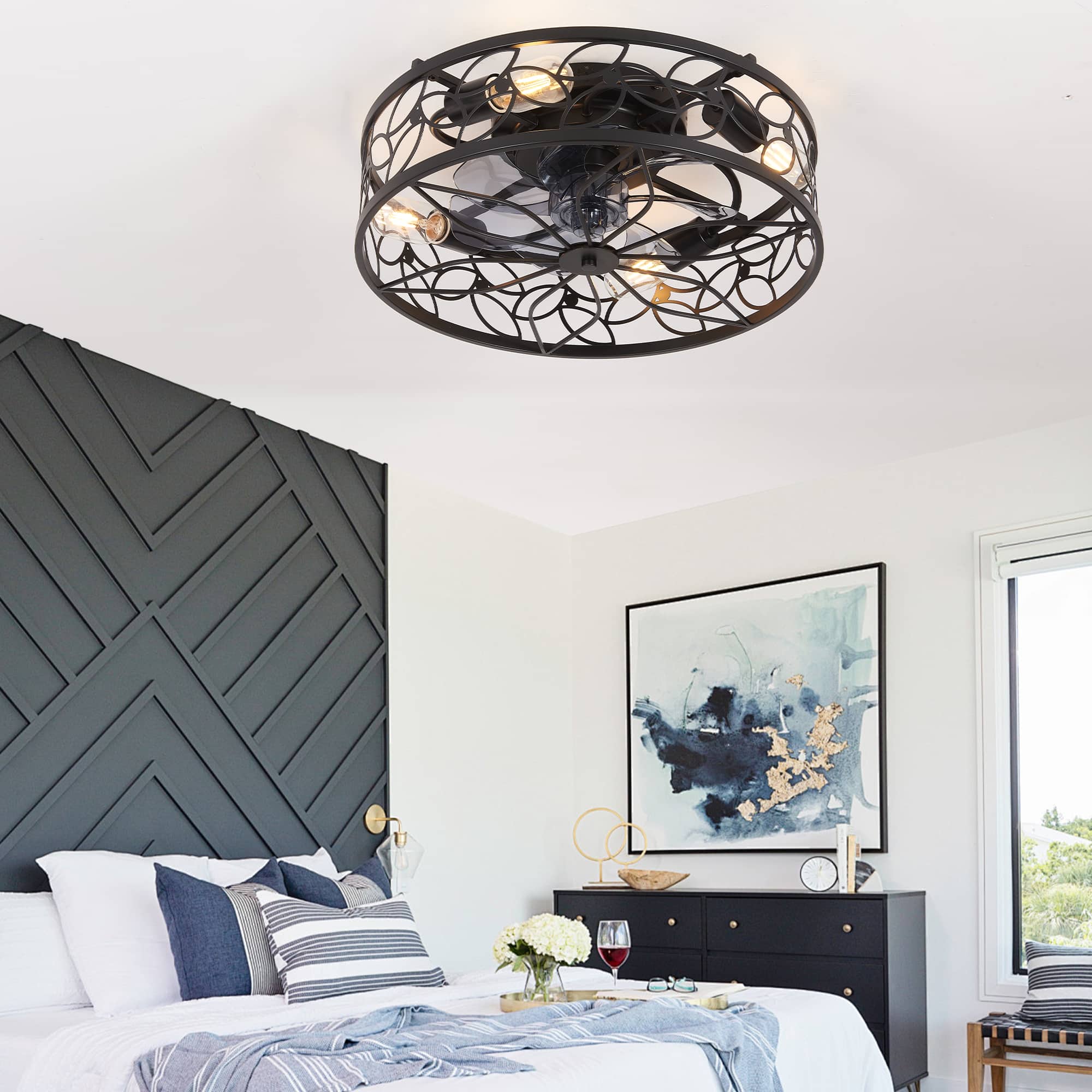 TinyHomie - 18 inch Black Vintage Caged Ceiling Fan Light Quiet Operation Remote Control Industrial Style