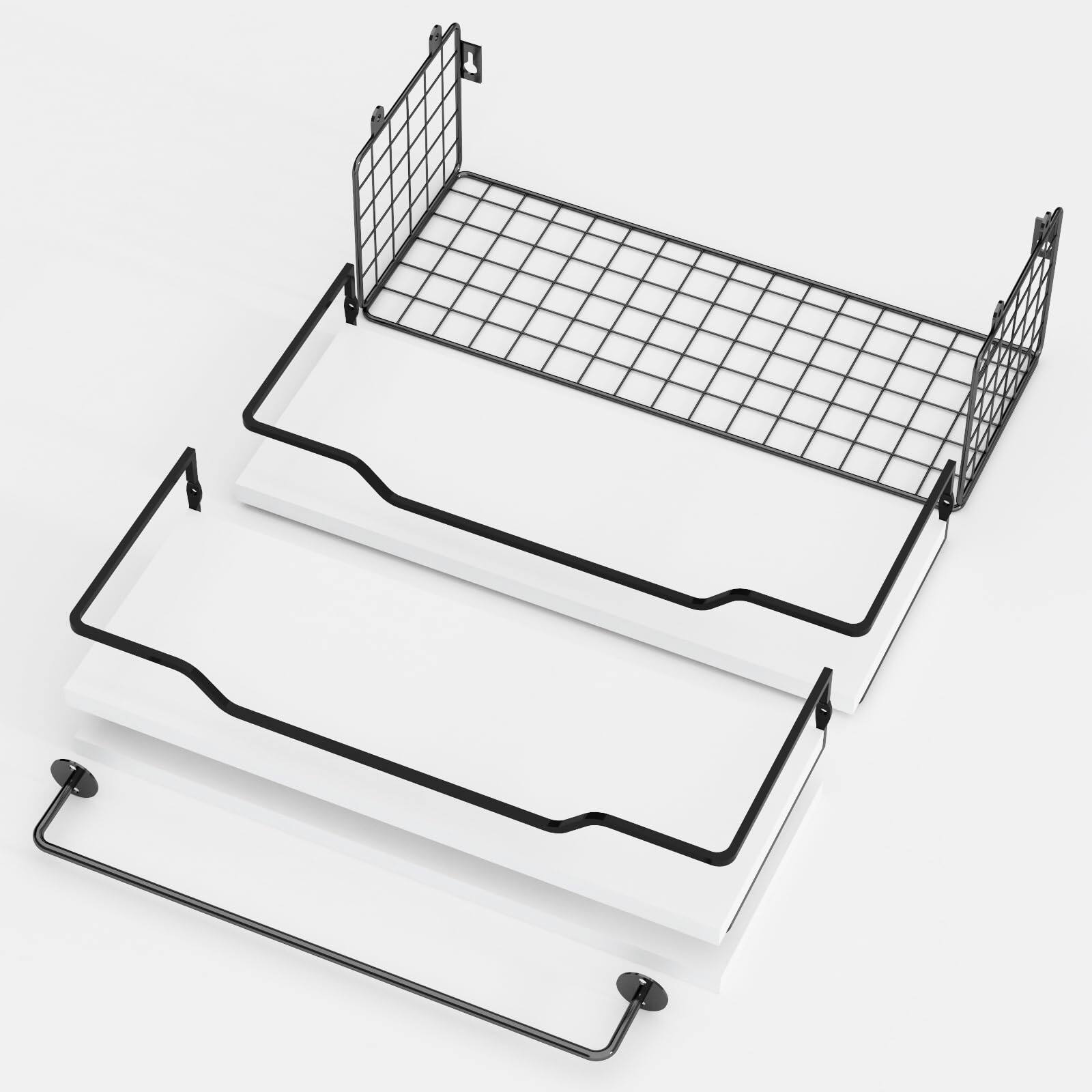 Back. Dazzed Corner - Set of 3 Floating Shelves Wall Mounted, Wood Bathroom Shelf Over Toilet with Paper Storage Basket - White.