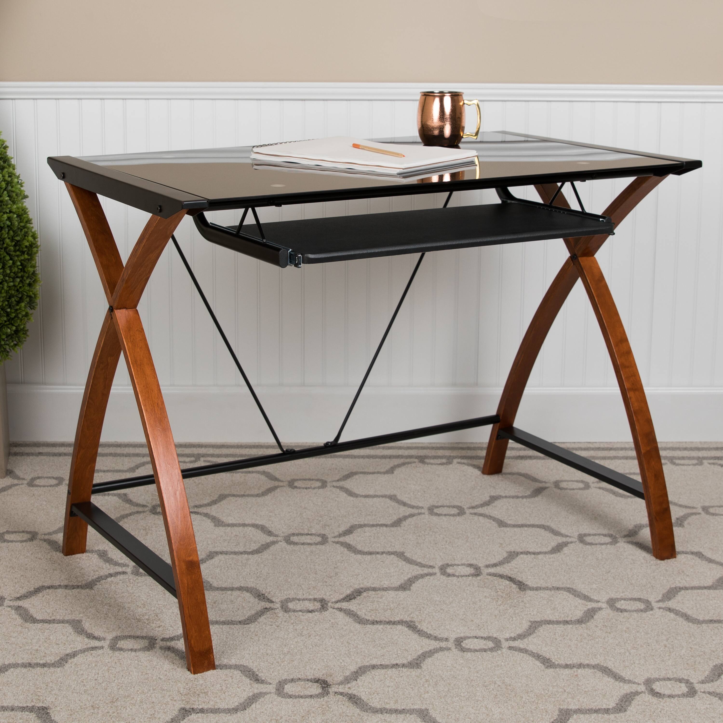 Alt View 1. Emma + Oliver - Glass Computer Desk-Pull-Out Keyboard Tray & Crisscross Frame - Black Top/Cherry Frame.