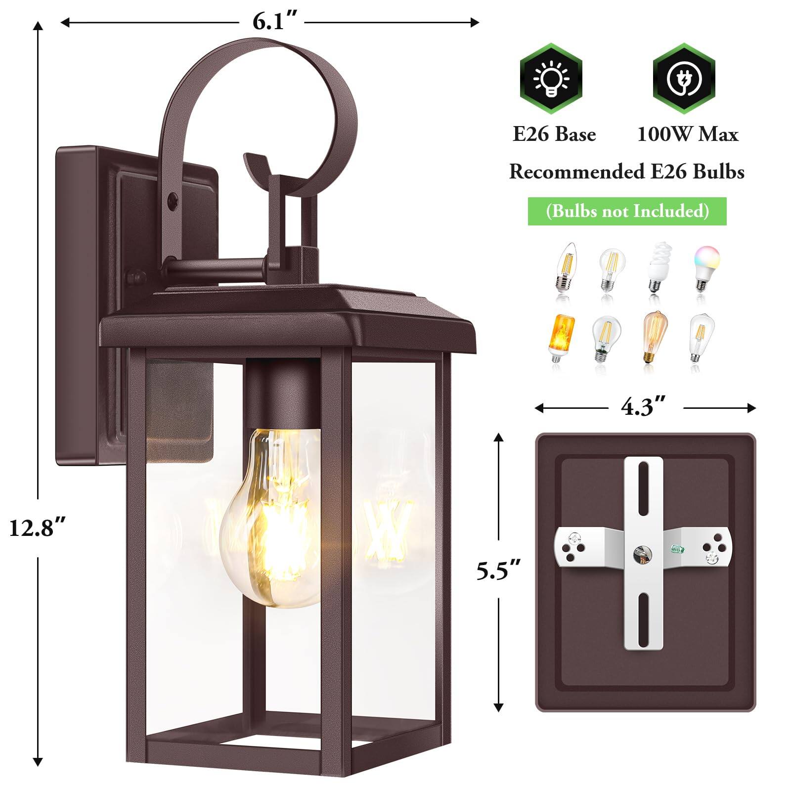 6.1" E26 Base 100W Max Recommended E26 Bulbs (Bulbs not Included)  
4.3" x 12.8" x 5.5"