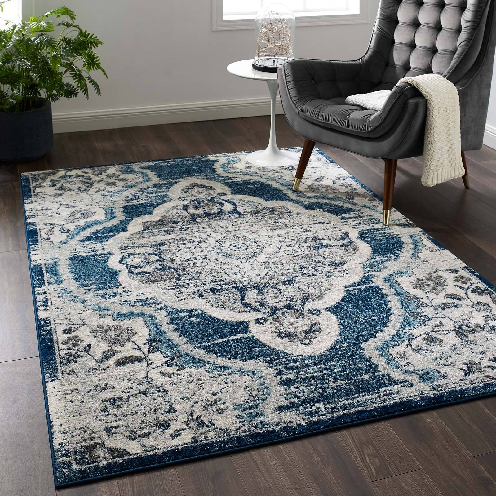Left. Modway - Entourage Malia Distressed Vintage Floral Vintage Medallion Area Rug - Ivory and Blue.