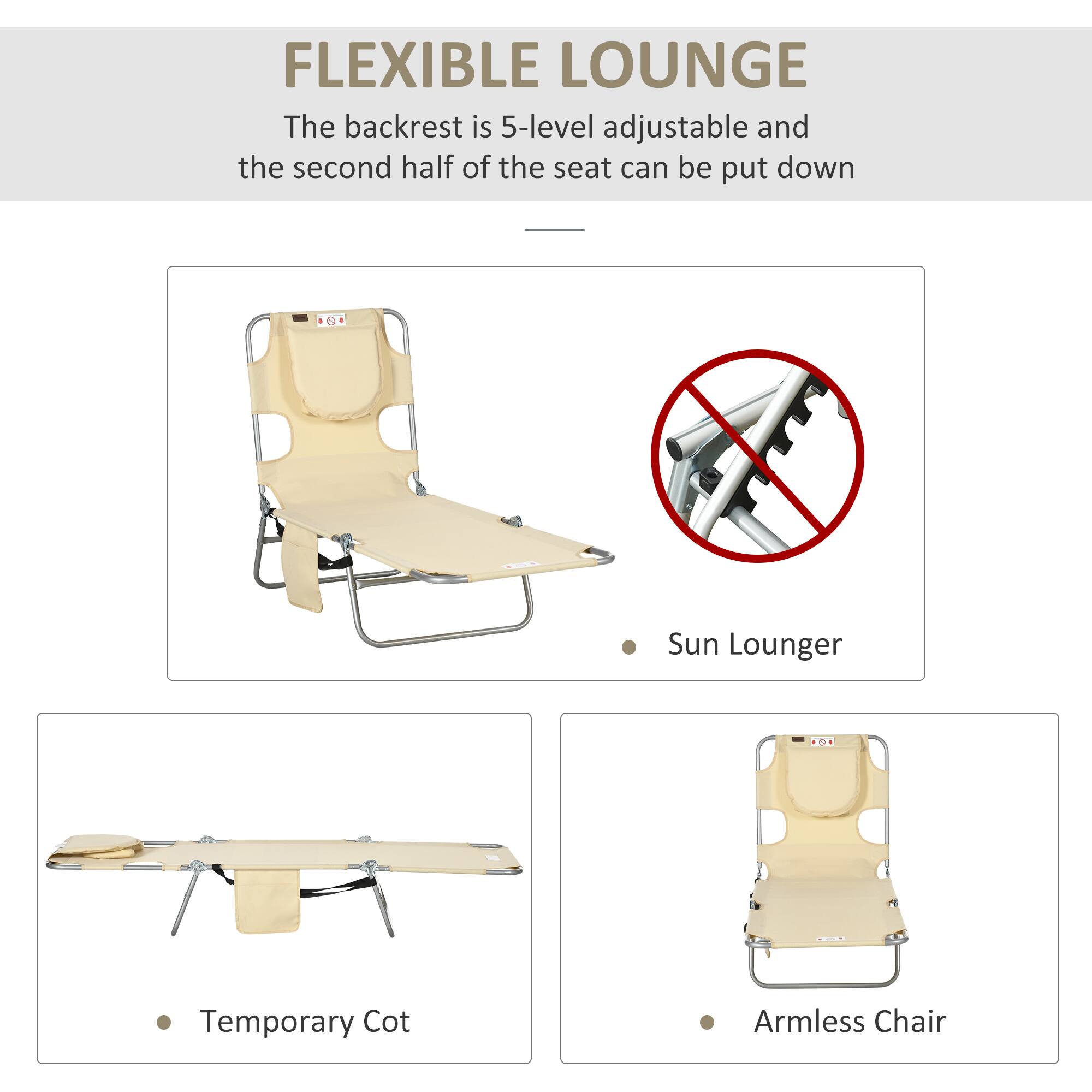 FLEXIBLE LOUNGE

The backrest is 5-level adjustable and the second half of the seat can be put down

- Sun Lounger
- Temporary Cot
- Armless Chair