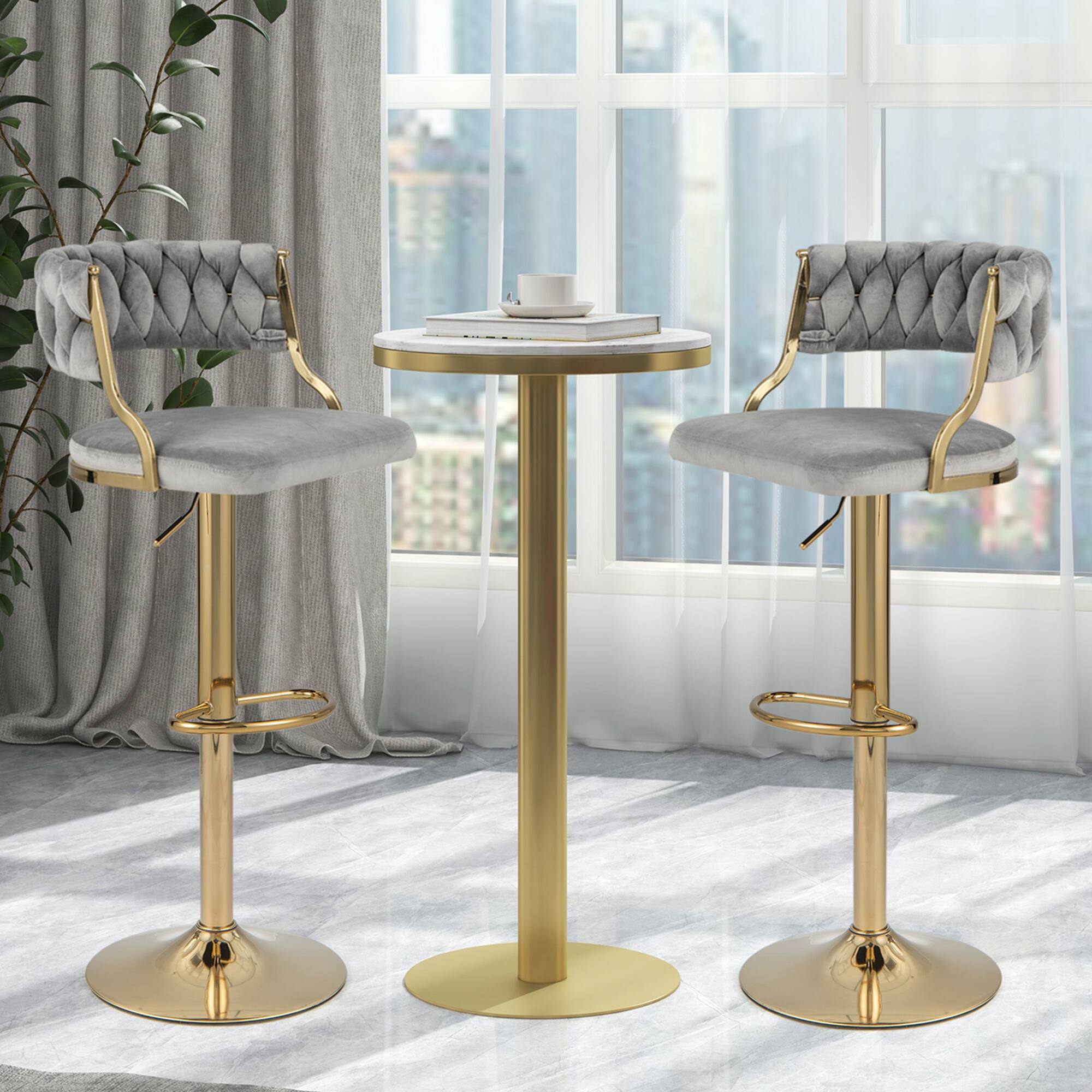 Alt View 3. Costway - Swivel Velvet Bar Stools Set of 2 Upholstered Adjustable with Woven Backrest - Grey/Gold.