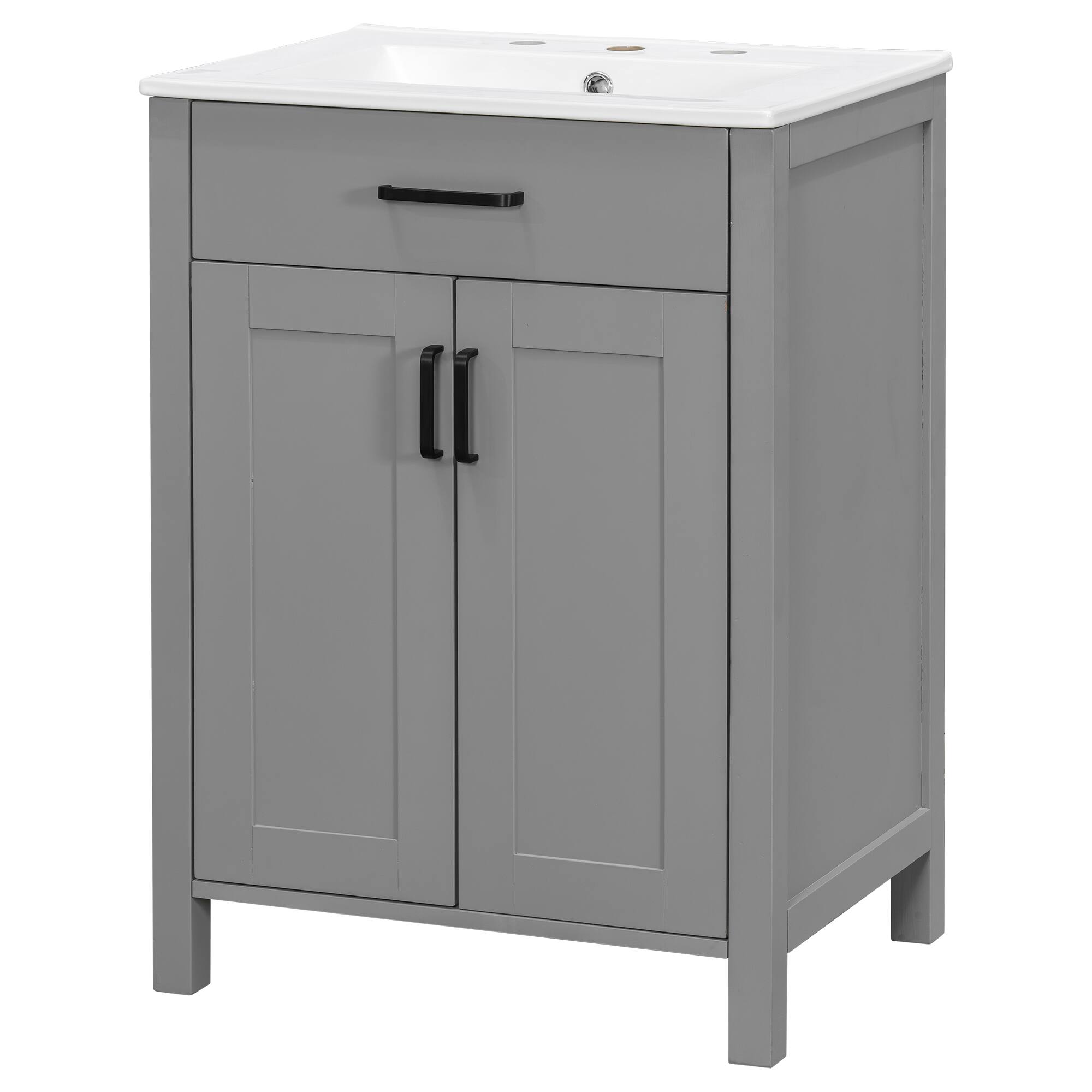 Left. Whisen - 24" Bathroom Vanity Combo with Ceramic Sink, Space-Saving Cabinet, Wood Frame & MDF, Modern Style - Gray.