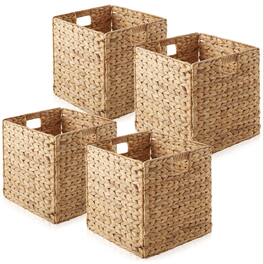 Casafield - 12 x 12-in Water Hyacinth Storage Baskets - 4 Pack - Natural