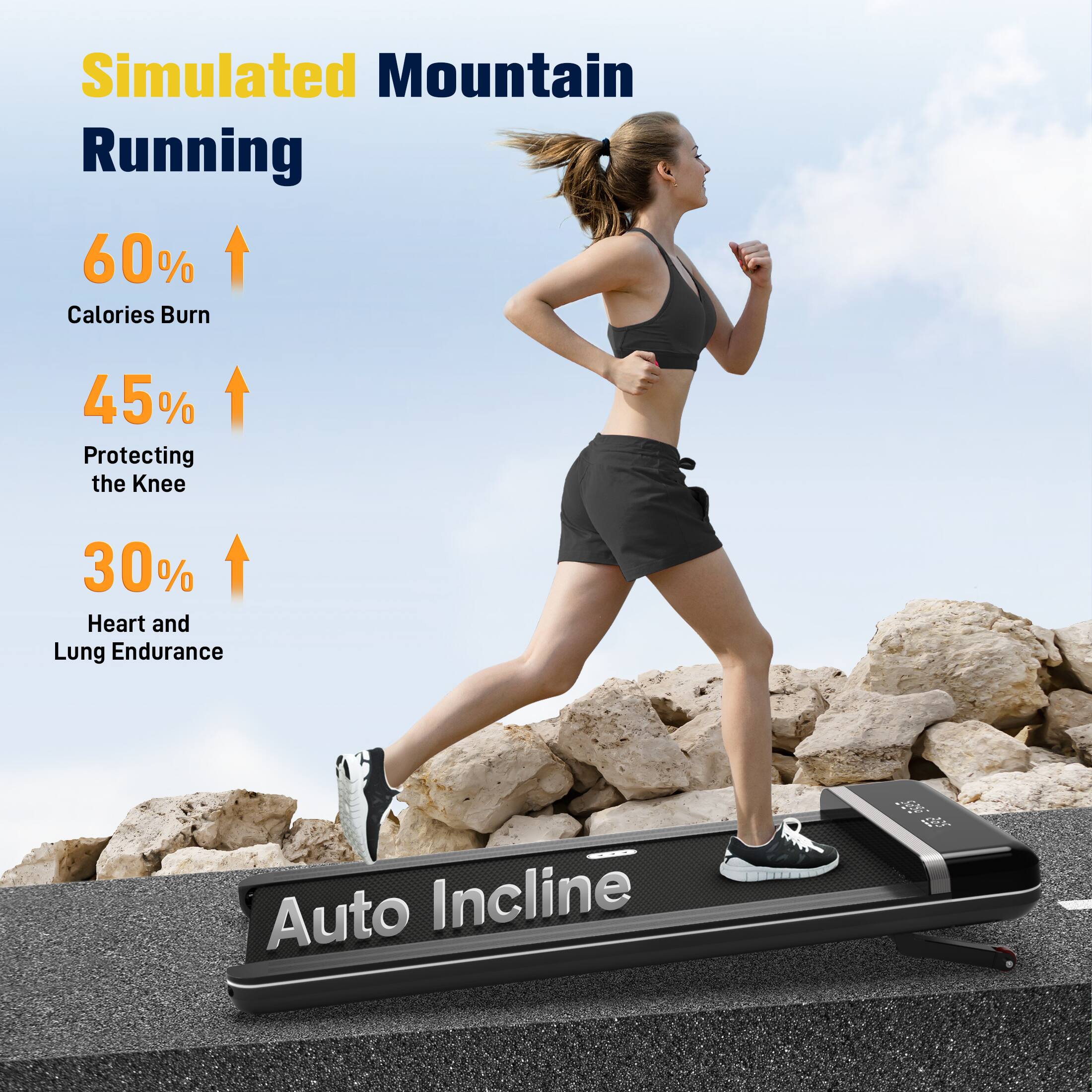 Simulated Mountain Running, 60% Calories Burn, 45% Protecting the Knee, 30% Heart and Lung Endurance, Auto Incline