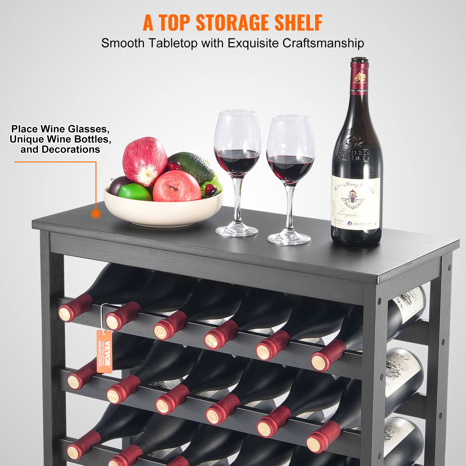 A TOP STORAGE SHELF  
Smooth Tabletop with Exquisite Craftsmanship  

Place Wine Glasses, Unique Wine Bottles, and Decorations  

$ aug 3