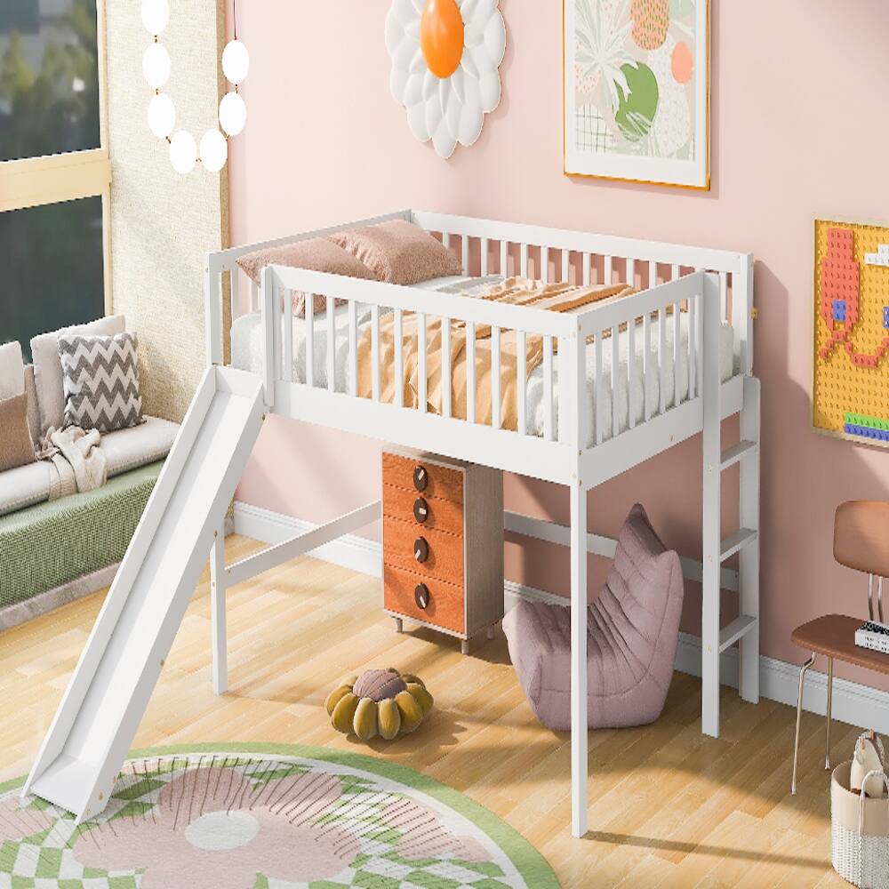 Back. Loheer - Loheer Full Size Low Loft Bed with Slide and Ladder White - White.