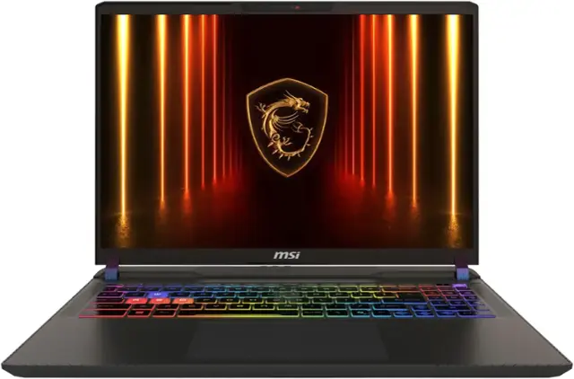 MSI laptop with a colorful keyboard and a dragon on the screen.