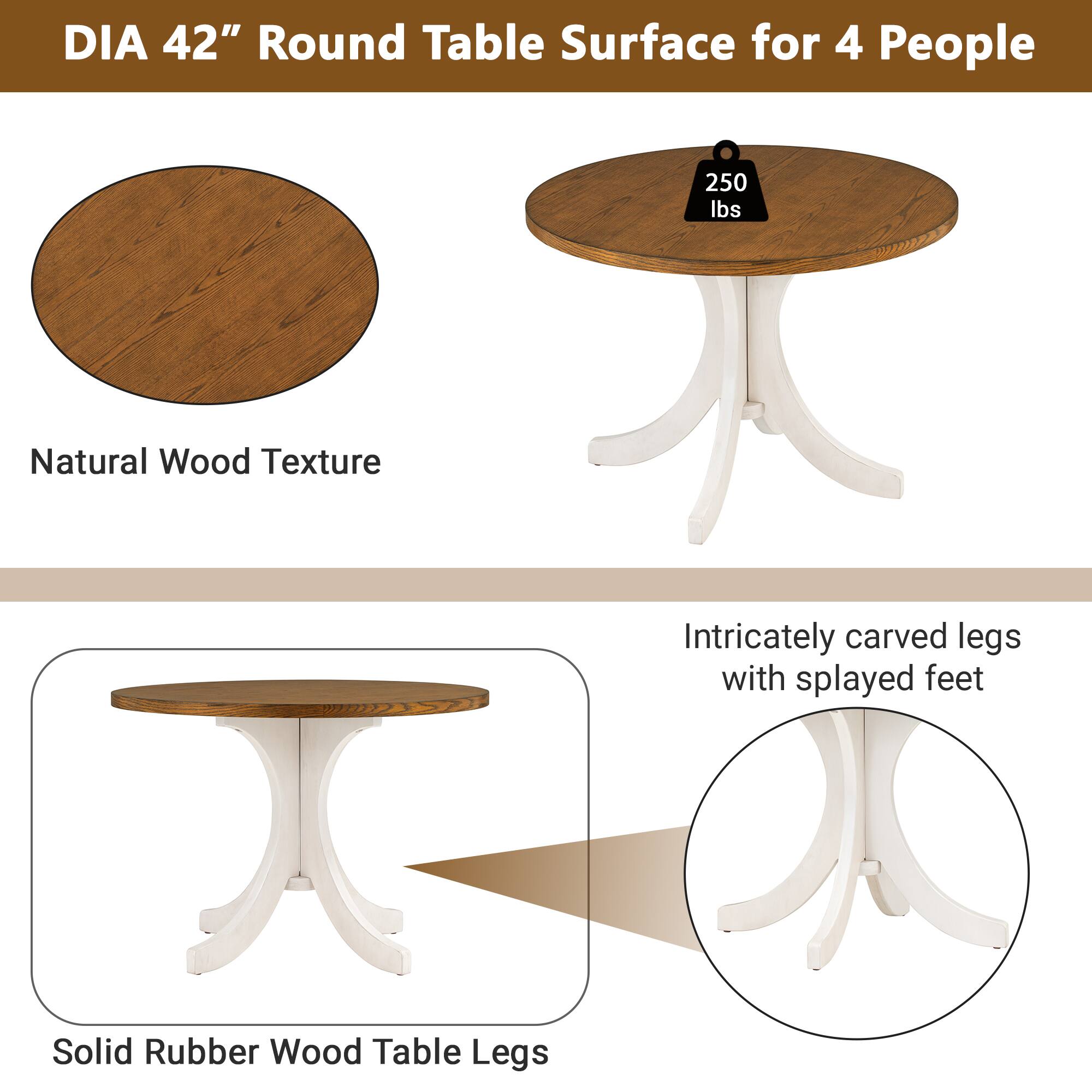 DIA 42" Round Table Surface for 4 People

- Natural Wood Texture
- 250 lbs
- Solid Rubber Wood Table Legs
- Intricately carved legs with splayed feet