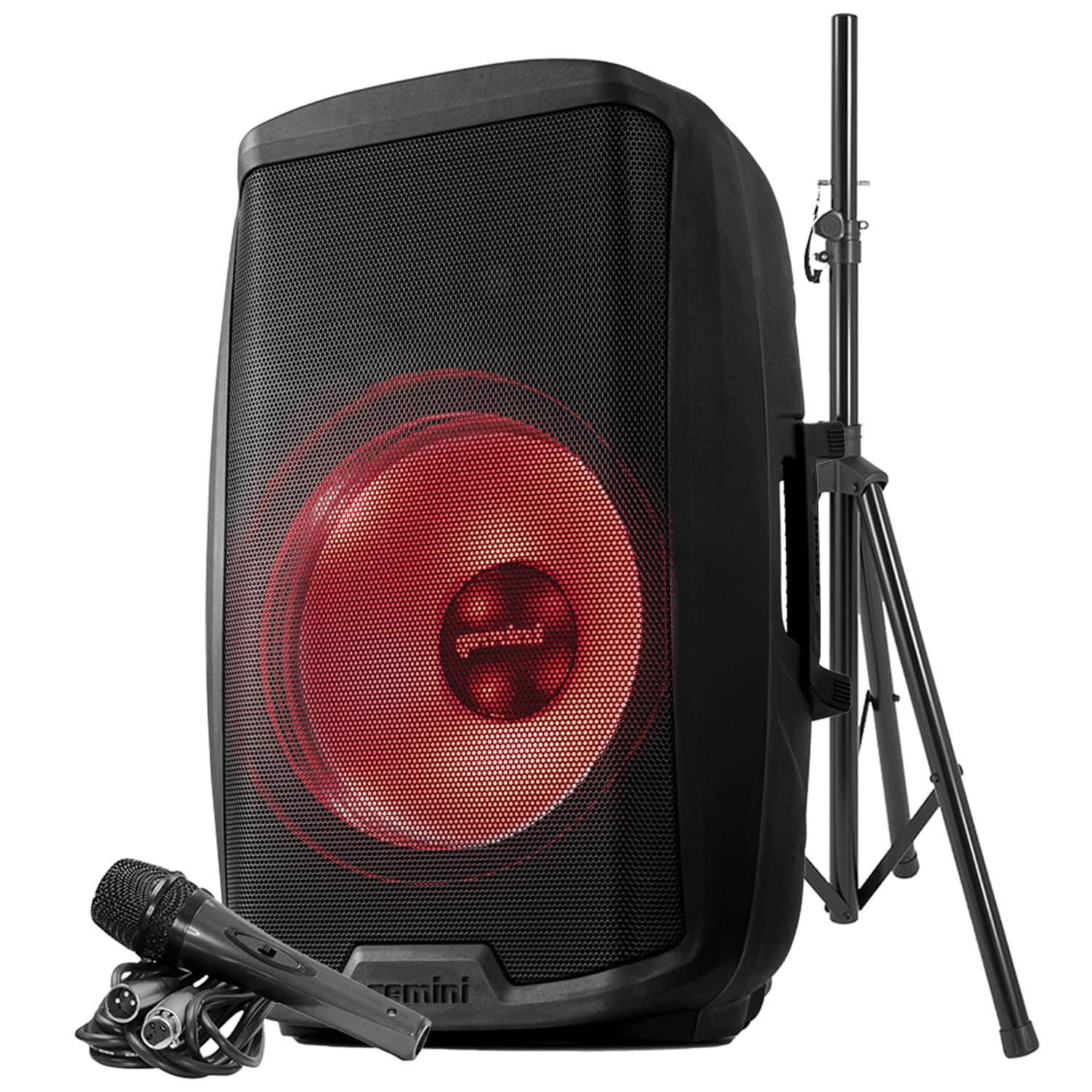 Gemini - AS-2115BT-LT-PK AS Series Bluetooth Multi-LED Portable PA Speaker Kit with Stand and Wired Microphone - Black