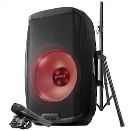 Gemini - AS-2115BT-LT-PK AS Series Bluetooth Multi-LED Portable PA Speaker Kit with Stand and Wired Microphone - Black