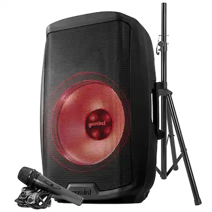 Front. Gemini - Gemini AS-2115BT-LT-PK AS Series Bluetooth Multi-LED Portable PA Speaker Kit with Stand and Wired Microphone, Black - Black.