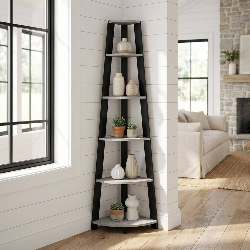 Alt View 1. FurniFact - Black 5-Tier Corner Bookshelf with Faux Cement Finish and Modern Style - Faux Cement.