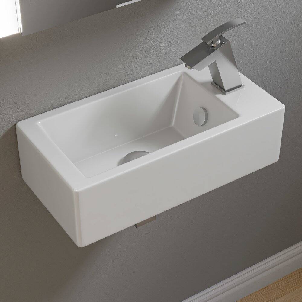 Angle. Alfi - White 20" Small Rectangular Wall Mounted Ceramic Sink with Faucet Hole - White.