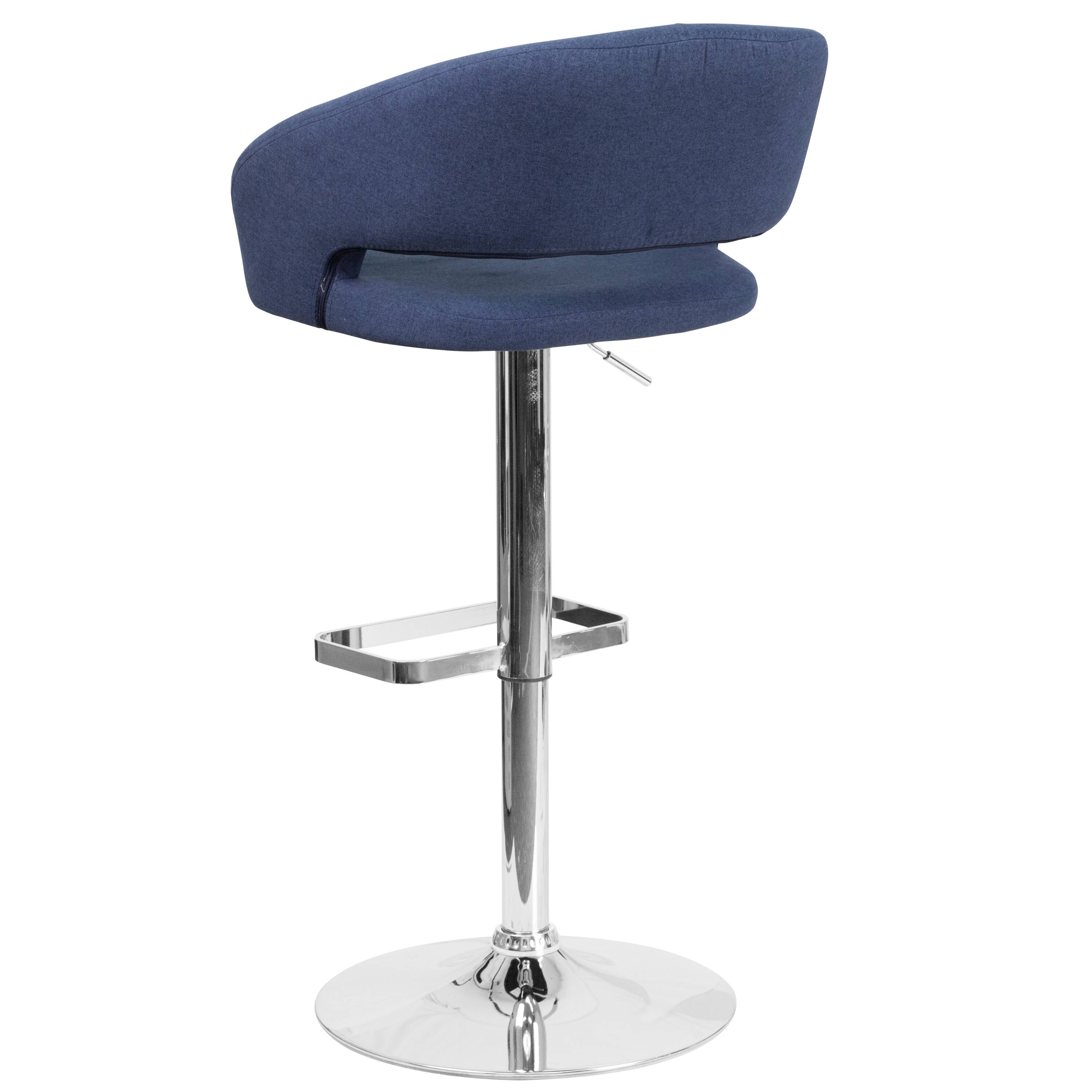 Alt View 5. Emma + Oliver - Shae Contemporary Upholstered Adjustable Height Barstool with Rounded, Cutout Mid-Back and Pedestal Base - Blue Fabric/Chrome Frame.