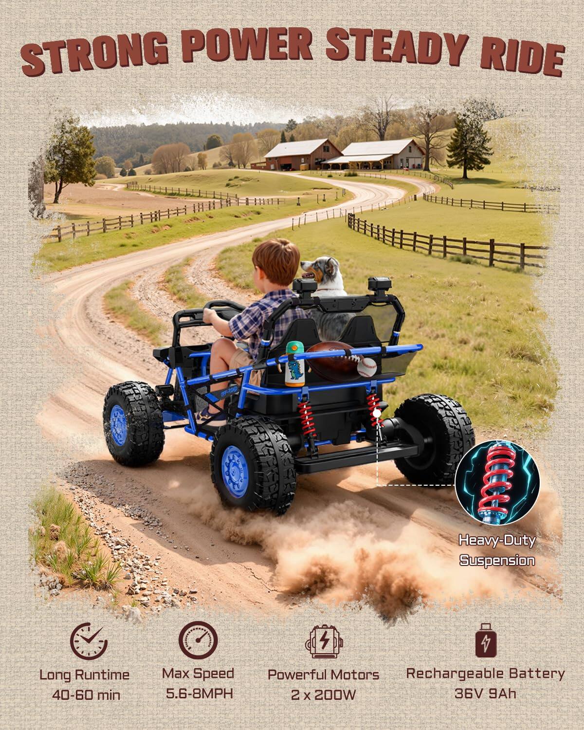 STRONG POWER STEADY RIDE

PEGMiy E

Heavy-Duty Suspension

Long Runtime 40-60 min

Max Speed 5.6-8MPH

Powerful Motors 2 x 200W

Rechargeable Battery 36V 9Ah