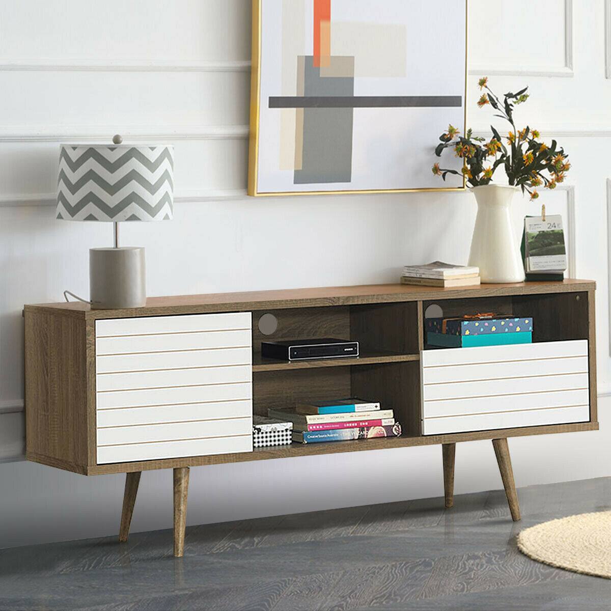Alt View 2. Gymax - Gymax Modern TV Stand/Console Cabinet 3 Shelves Storage Drawer Splayed Leg Wood/White - Oak,White.