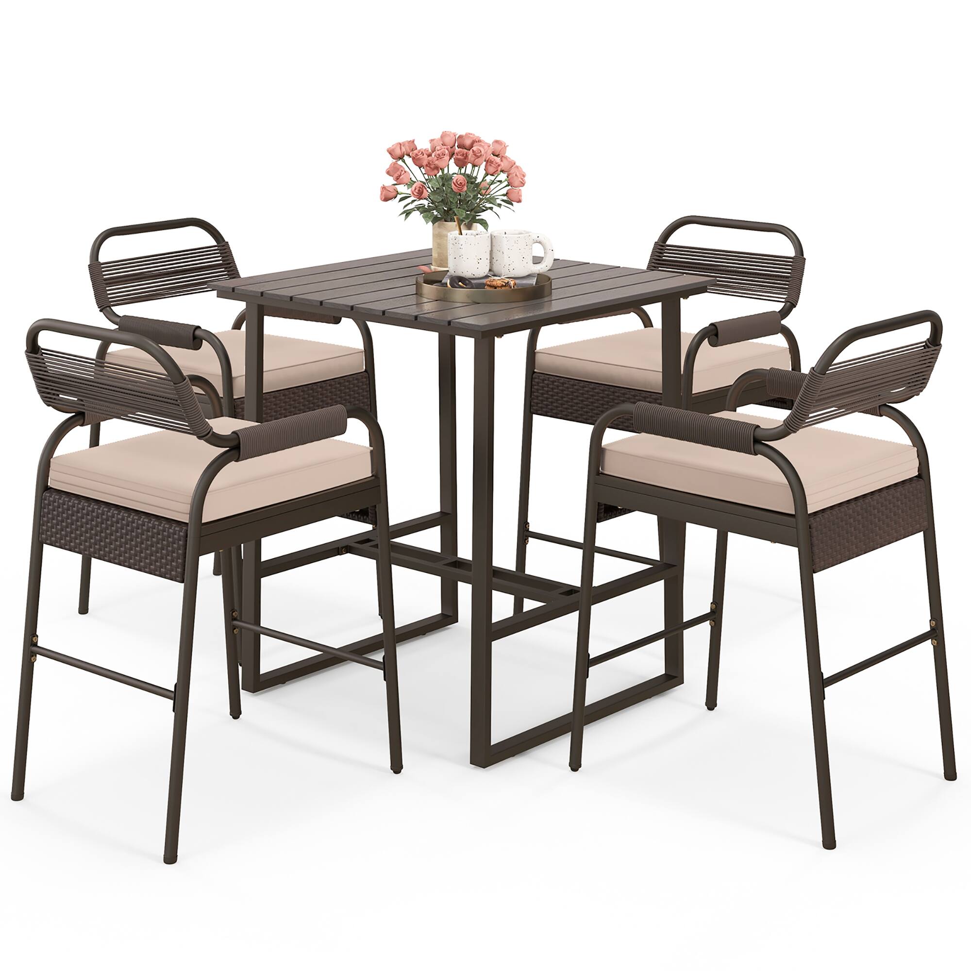 Front. Gymax - Gymax 5-Piece Patio Rattan Counter Set Counter Height Square Table w/ 4 Wicker Counter Stools - Mix Brown.