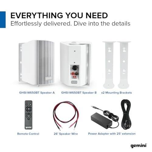 EVERYTHING YOU NEED  
Effortlessly delivered. Dive into the details

GHSI-W650BT Speaker A  
GHSI-W650BT Speaker B  
x2 Mounting Brackets  
Remote Control  
26' Speaker Wire  
Power Adapter with 25' extension  

gemini