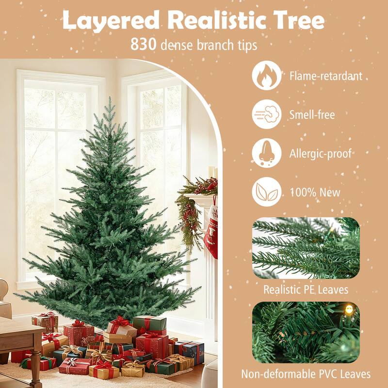 Layered Realistic Tree  
830 dense branch tips  

- Flame-retardant  
- Smell-free  
- Allergic-proof  
- 100% New  
- Realistic PE Leaves  
- Non-deformable PVC Leaves