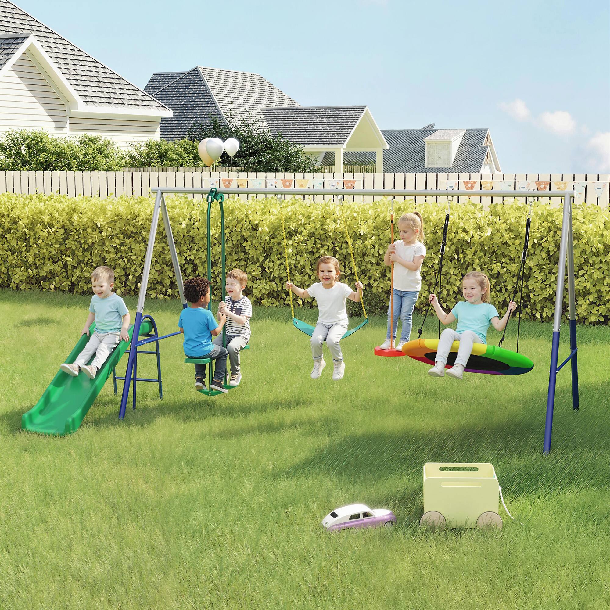 Alt View 1. Qaba - 5-in-1 Kids Swing Set with Slide, Swings and Glider for Backyard, 770lbs Capacity, for Ages 3-8 - Mixed Color.