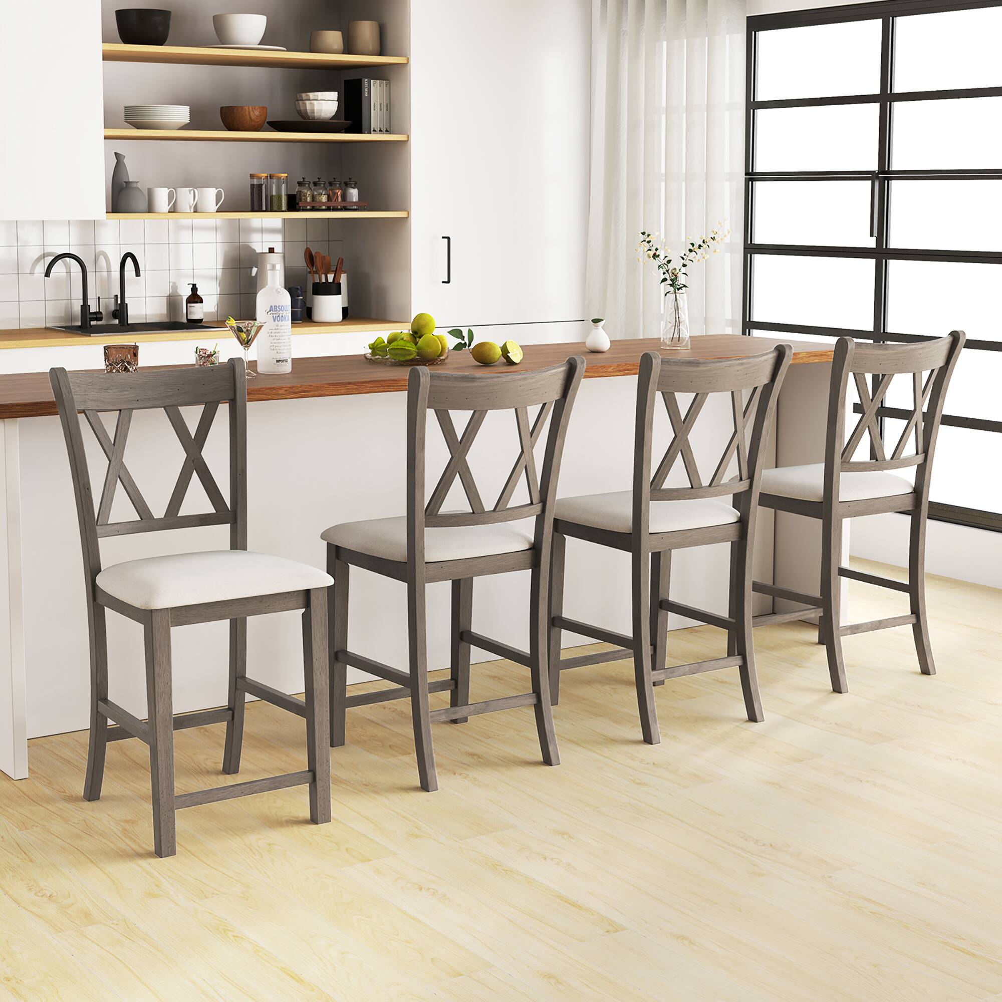 Alt View 1. Gymax - Gymax 4PCS Bar Stools 24''Counter Height Stools w/ Linen Fabric Upholstered Seat Gray - Gray, Beige.