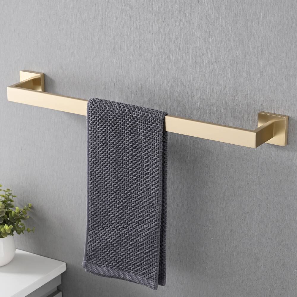 Left. JUJABU - 5-Piece Bathroom Set Towel Bar + Ring + Hooks + TP Holder, Brushed Gold - Brushed Gold.