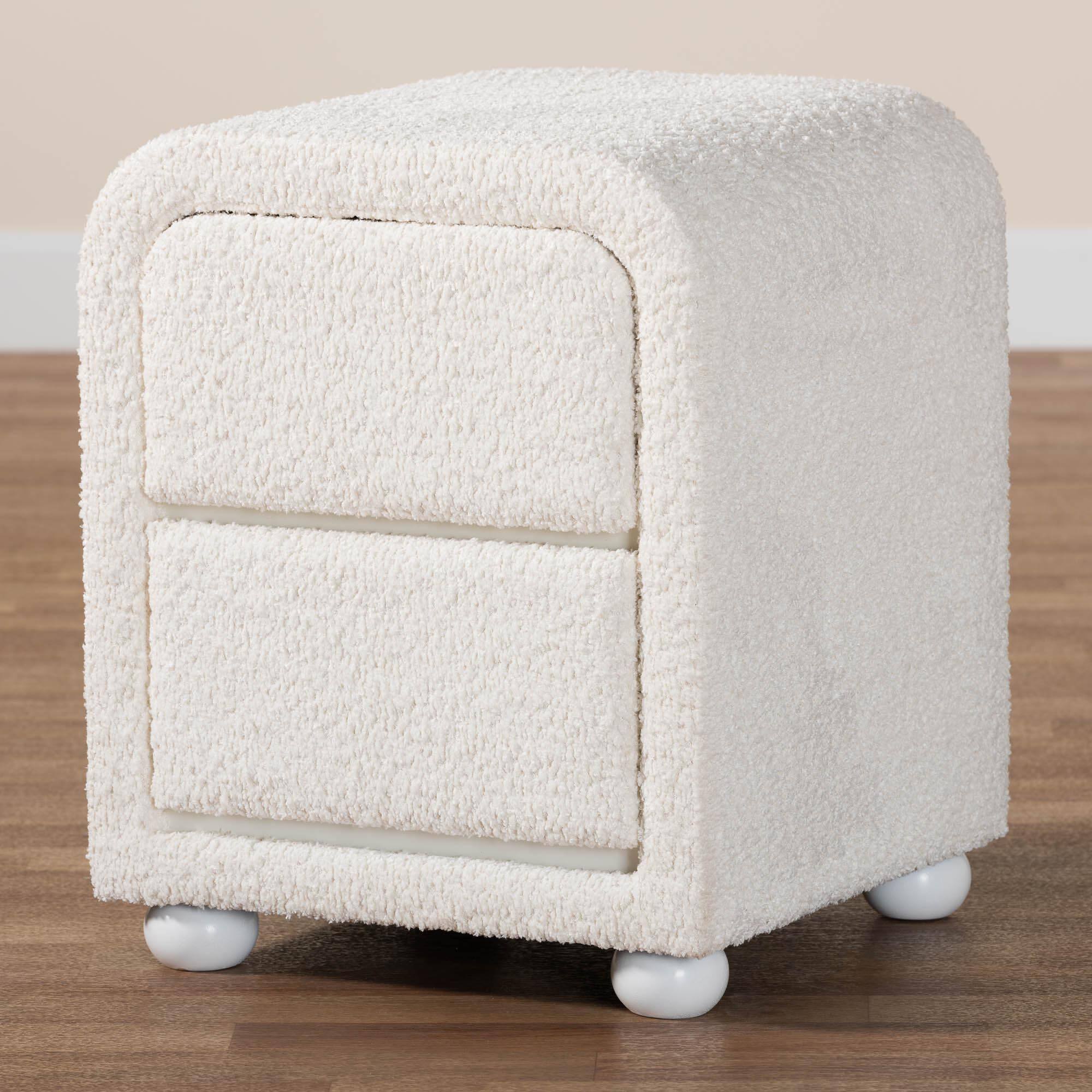 Alt View 4. Baxton Studio - Bonilla Modern Teddy-Bear Fabric and Rubberwood 2-Drawer Nightstand - White.